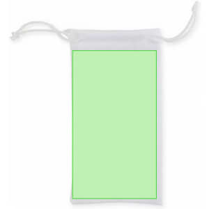 A light green drawstring pouch with a white border and a drawstring closure. It features a branding logo.