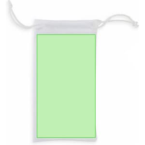 A drawstring bag featuring a light green body with a white drawstring, and includes a logo.