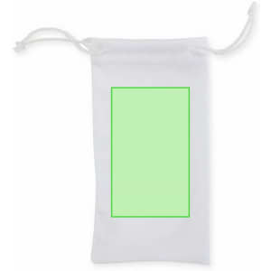 A white drawstring pouch with a green rectangular area, featuring a simple drawstring closure.