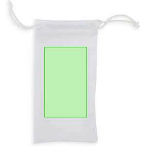 A white drawstring pouch with a green border and a blank central area. It features a logo or branding.