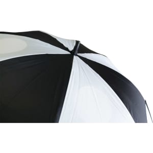 A black and white golf umbrella with a circular design and a central pole. It features a logo on the fabric.