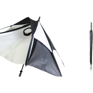 A black and white golf umbrella with a curved handle and a logo, displayed alongside its folded version.