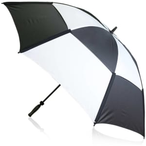A black and white golf umbrella with a sturdy handle and a branded logo.