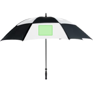 A golf umbrella with a black and white colour scheme, featuring a central handle and a branding area.