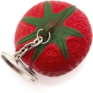A red strawberry-shaped keyring with a green stem, featuring a silver keychain attachment.