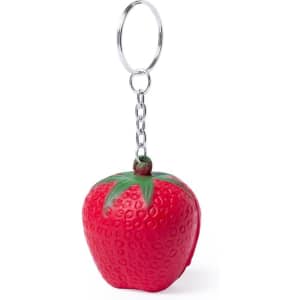 A red strawberry-shaped keyring with a shiny metal chain. It features detailed surface texture and green leaf accents.