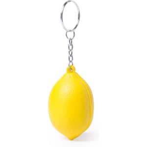 A yellow lemon-shaped keyring with a silver chain, designed for stress relief. It features a branding logo.