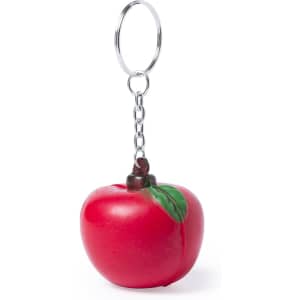 A red apple-shaped stress keyring with a green leaf and a silver keyring attachment.