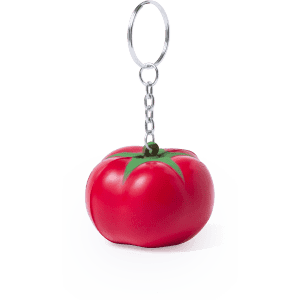 A red tomato-shaped stress keyring with a metallic chain and keyring attachment.