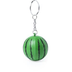 A green and black striped watermelon-shaped keyring with a silver chain. Features a round, soft design.