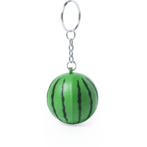 A green watermelon-shaped keyring with black stripes, attached to a metal chain and keyring.
