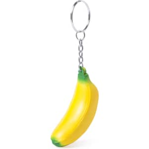 A yellow banana-shaped keyring with green accents, attached to a metal keychain.