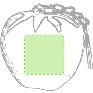 A green stress keyring shaped like a tomato with a loop for easy attachment, featuring a faint logo.