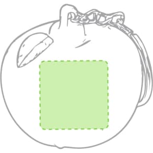 A green keyring shaped like a fruit, featuring a textured surface and a small leaf detail, with a metal attachment.