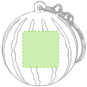 A round, watermelon-shaped keyring in shades of green, featuring a hook for attachment and a blank area for customisation.
