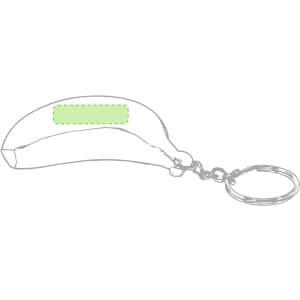 A quirky, green banana-shaped stress keyring attached to a metal keychain.