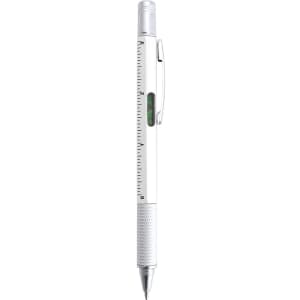 A multifunction pen in white with a ruler and level, featuring a silver grip and clip.