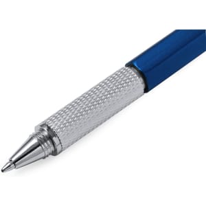 A blue multifunction pen with a silver knurled grip and a metallic tip, featuring a small logo.