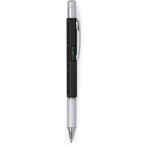 A multifunction pen in black and silver with a ruler and level feature, featuring branding.