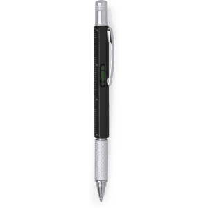 A multifunction pen featuring a black body and silver accents, with a ruler and spirit level included.