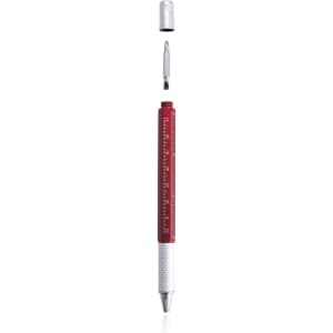 A multifunction pen in red and silver, featuring a ruler and removable cap for added functionality.