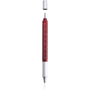 A multifunction pen in red and silver, featuring a removable cap and measuring ruler on the barrel.