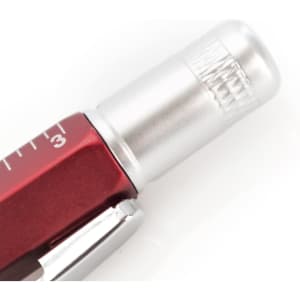 A red multifunction pen with a silver tip, featuring a clip and measurement markings. It has a logo visible on the barrel.