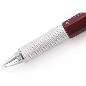 A multifunction pen with a silver textured grip and a red upper section, featuring a chrome tip and branding.