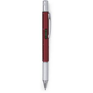 A multifunction pen in red and silver, featuring a ruler and spirit level, with a branded logo.