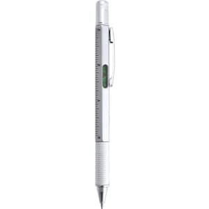 A multifunction pen featuring a silver body with a ruler and spirit level integrated into the design.