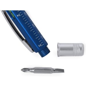 A multifunction pen in blue, featuring a removable cap and a metal tip, with a ruler marked along the side.