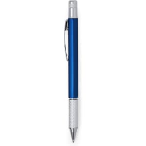 A multifunction pen in blue with silver detailing, featuring a clip and textured grip.