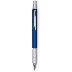 A blue multifunction pen with a silver clip and grip section. The pen features a logo on its surface.