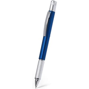 A multifunction pen in a sleek blue colour with silver accents and a knurled grip. It features a logo as well.
