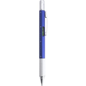A multifunction pen featuring a blue body, metallic accents, a ruler, and a level. It includes a clip and has branding.