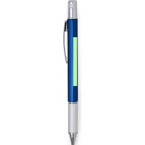 A multifunction pen in blue and silver with a clip and a branding logo.
