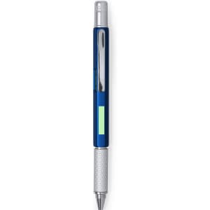 A blue multifunction pen with a silver clip and a textured grip, featuring a small window and branding.