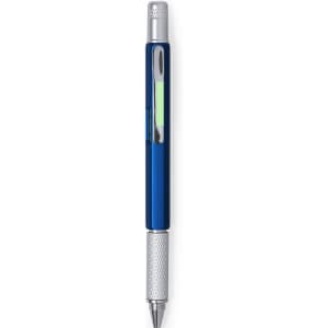 A multifunction pen in blue and silver, featuring a transparent section. The pen includes a textured grip and a clip.