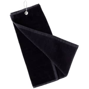 A black golf towel featuring a hanging loop, showcasing a soft, plush texture and a bordered edge.