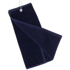 A navy blue golf towel featuring a hook for attachment and a soft, textured surface. It has a logo.
