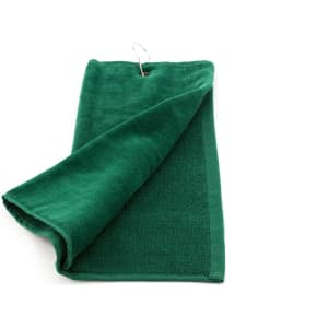 A green golf towel featuring a loop for attachment. The fabric appears soft and absorbent.