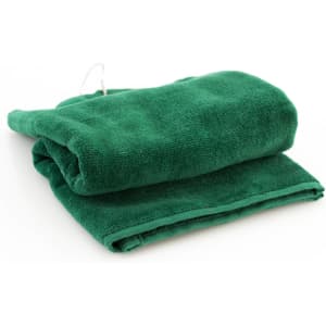 A green golf towel folded neatly, featuring a loop for hanging and a simple design.