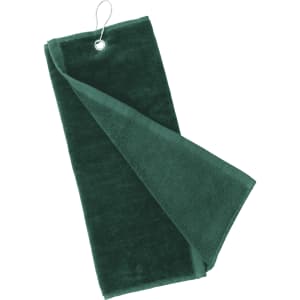 A dark green golf towel with a loop for easy hanging, featuring a soft, plush texture.