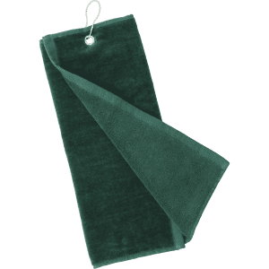 A dark green golf towel with a hanging loop, featuring a soft, absorbent texture.