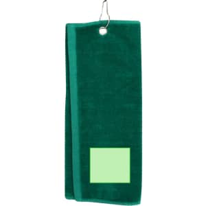 A green golf towel with a loop for hanging, featuring a square area for branding or logos.