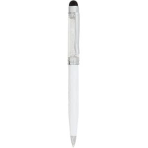 A white stylus touch ball pen with a clear decorative section and a shiny silver clip. It features a logo.