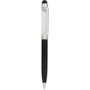 A black stylus touch ball pen with a clear decorative section and a silver clip. It features a logo on the barrel.