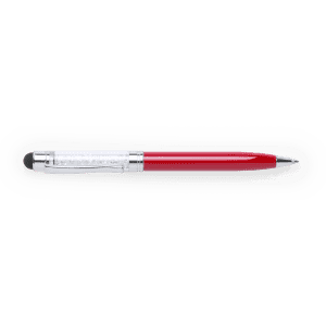 A red ballpoint pen with a stylus tip and a clear patterned barrel. It features a silver clip and branding.