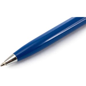 A blue ballpoint pen with a silver tip and a smooth, rounded barrel. It has a logo on the surface.