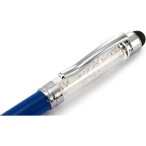 A blue stylus touch ball pen featuring a clear barrel filled with shimmering elements and a silver clip.